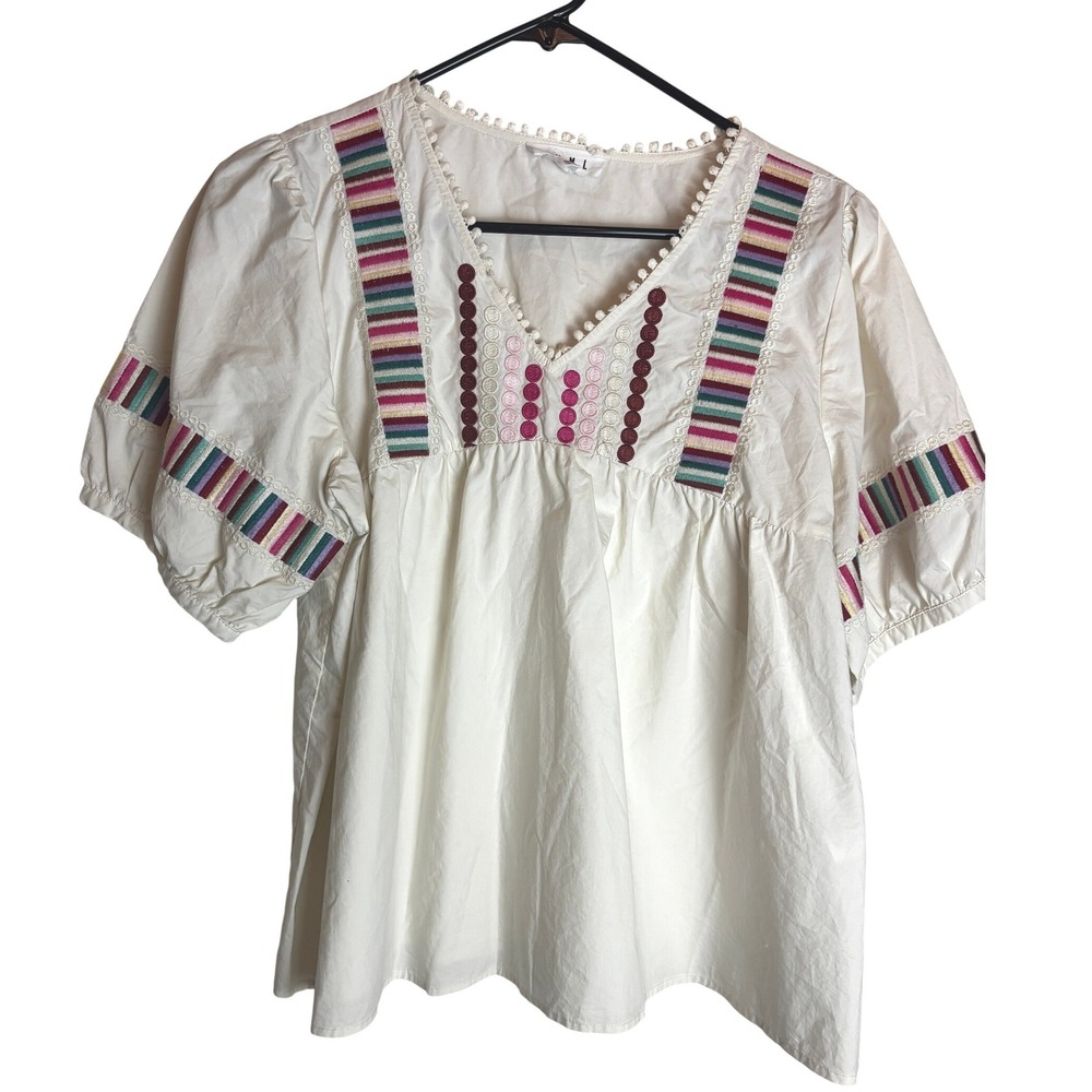 THML Womens Embroidered Puff Sleeve Babydoll Top Off White Boho V-Neck Medium